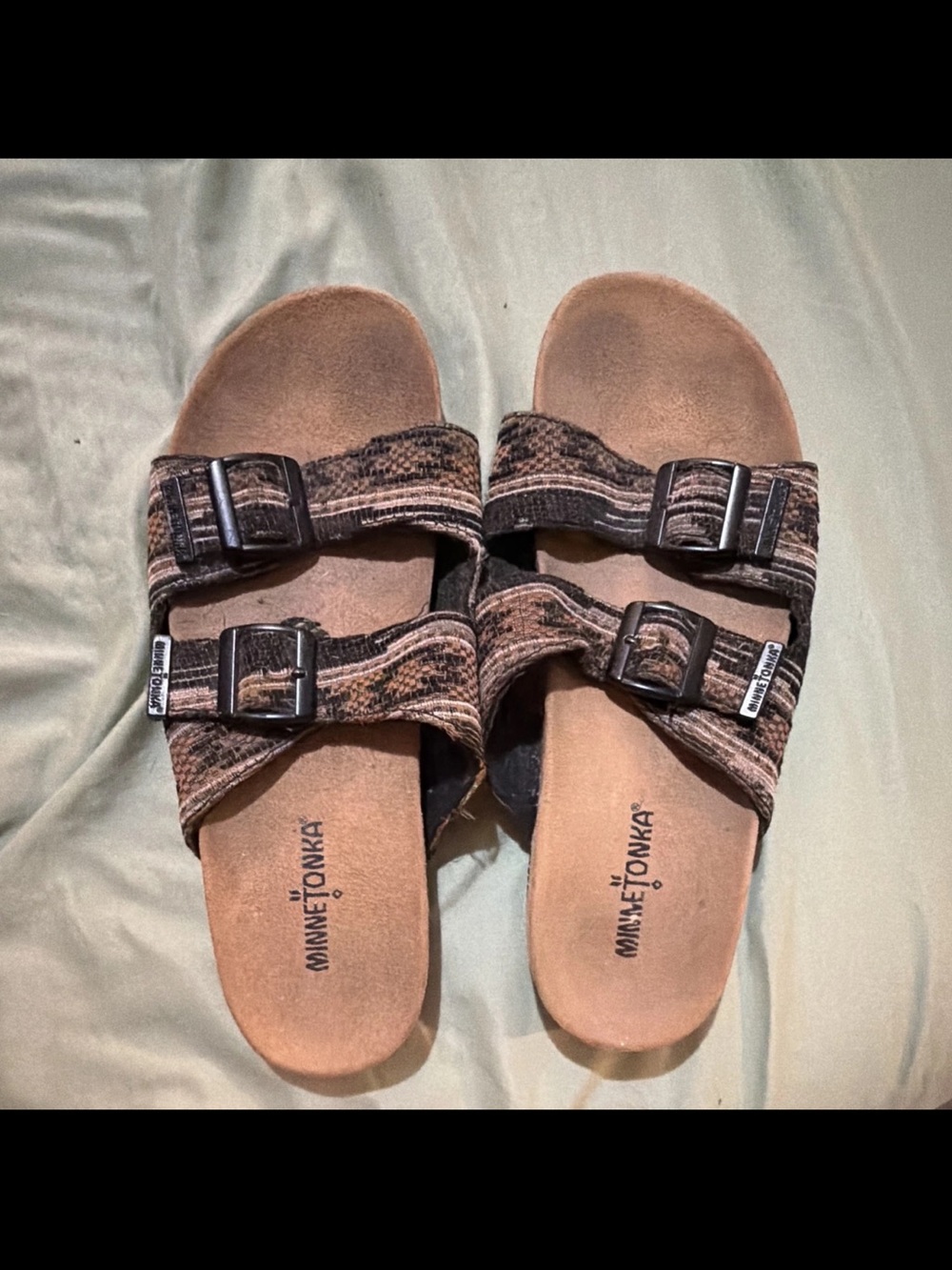 Minnetonka Brown Snakeskin-Pattern Double Strap Slide Sandals